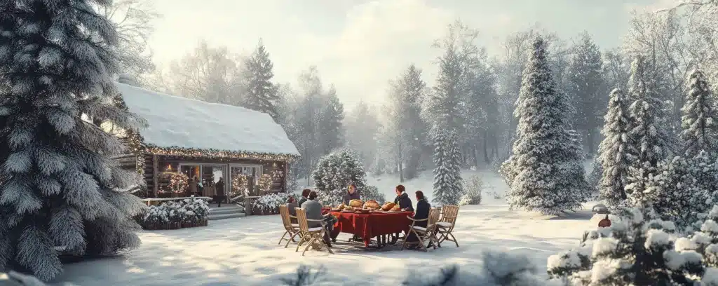 Festive snowy Christmas scene with a family enjoying a meal near a log cabin, highlighting tree planting and eco-friendly holiday gifting.